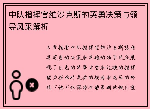 中队指挥官维沙克斯的英勇决策与领导风采解析